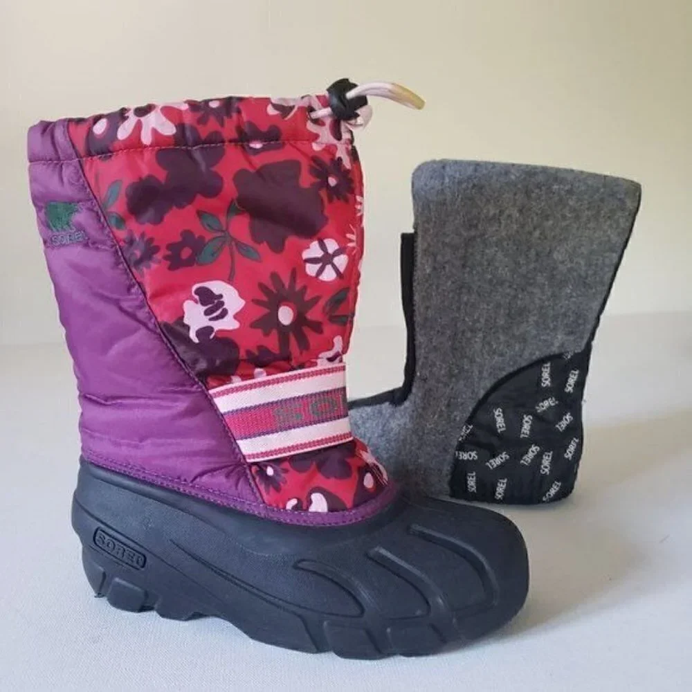 SOREL Cub Pink and Purple Floral Waterproof Insulated Winter Snow Boot Sz 5